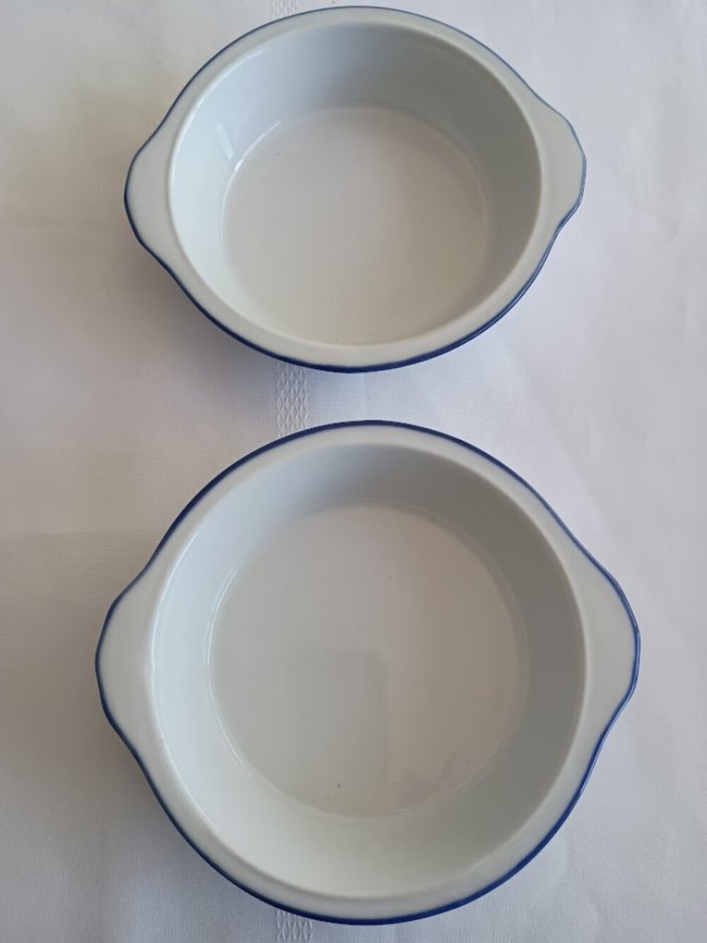 Vintage White Ceramic Baking Dishes with Blue Trim